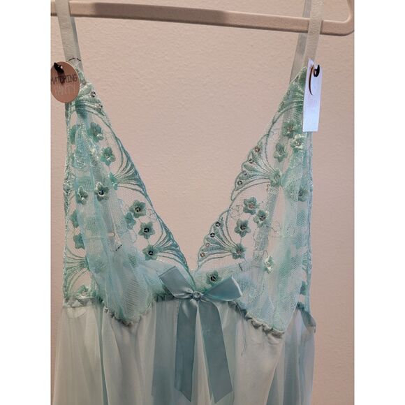 NWT Spree Aqua Teal Babydoll Lingerie w/ Embroidered Top & Bow, Size XL - Picture 4 of 7